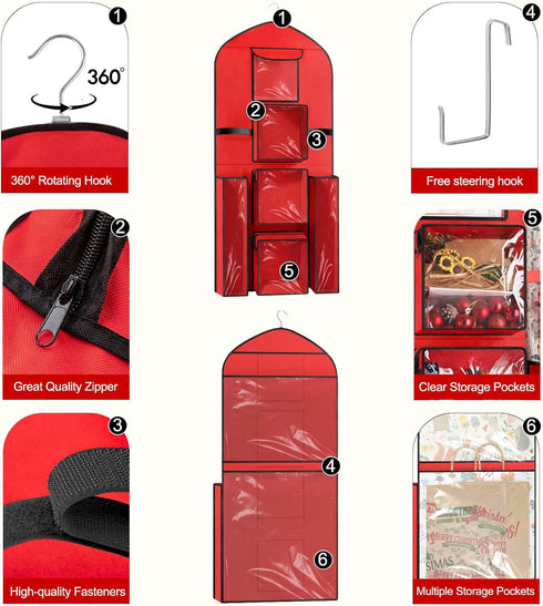 Hanging Gift Wrapping Paper Storage, 40"X17" Red Double-Sided Christmas Wrapper Bag for Craft Roll