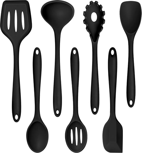 TeamFar Silicone Cooking Utensil Set of 7, Black Nonstick Tools Turner Spoon Spatula Ladle for Nonstick Cookware.