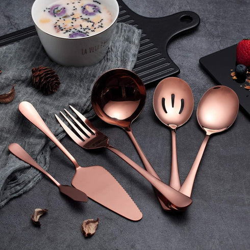 6-Piece Copper Serving Flatware Set, Stainless Steel Utensil Set, Includes Cake Server, Spoons, Fork, Knife