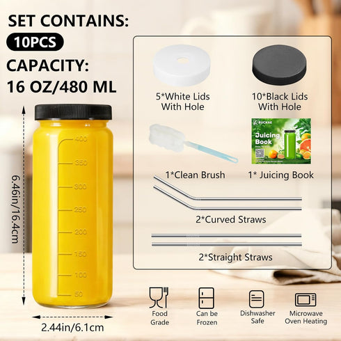 16oz 10 Pack Ruckae Juice Bottles, Glass Bottles with Lids, Smoothie Cup Lids and Straws, Water Bottle Mason Jar