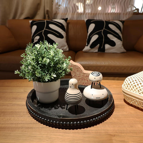 Counter Hrastany Round Wooden Serving Tray with Beads, Circle Vintage Black Wood Coffe Table Tray for Dining Room Table