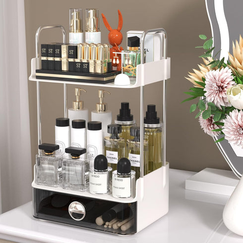 Bathroom Counter Organizer, 2 Tiered Countertop with Drawer for Makeup and Skincare Storage, Desktop, Bathroom (White)
