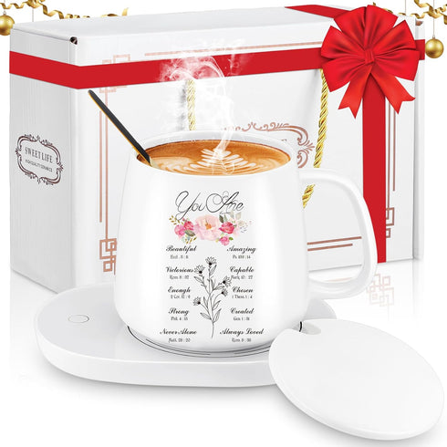 Suclain Christian Coffee Mug with Warmer Set for Women, 13.5 oz Inspirational Electric Cup Warmer for Home Office