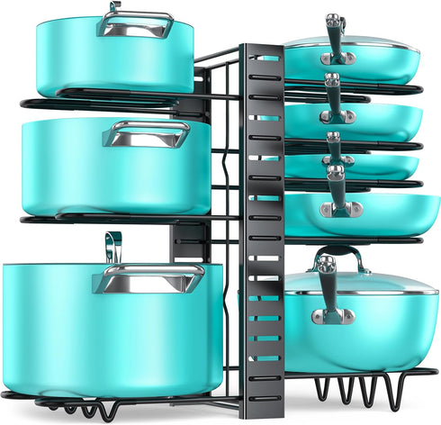 MUDEELA Adjustable Pot Pan Rack with 8 Tiers, 3 DIY Methods, Under Cabinet Organizer for Kitchen Storage