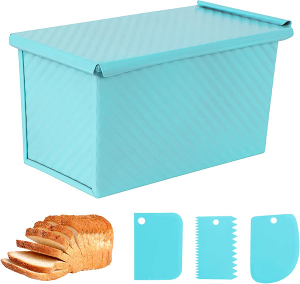 Blue 1LB Dough Capacity Sandwich Bread Loaf Pan, Non-Stick with Dough Scraper Cutter