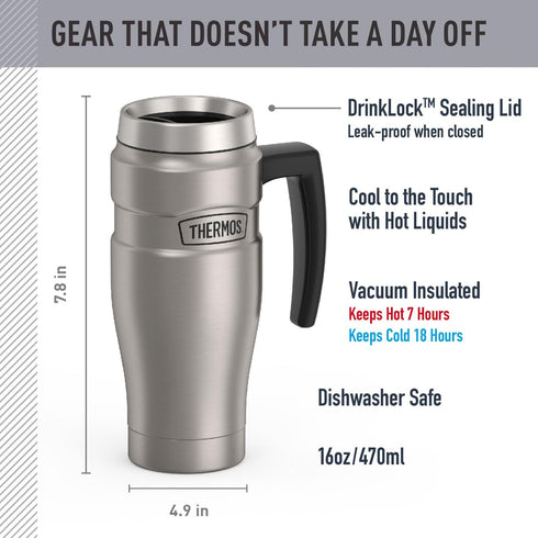 16oz, Commuting THERMOS Stainless King Vacuum-Insulated Travel Mug with Handle - Matte Steel - Thermos Tumbler for Hot