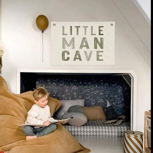 Little Man Cave Decor for Nursery, Sage Green Canvas Banner, Long Live Boyhood Wall Hanging Linen Banner Flag Decor