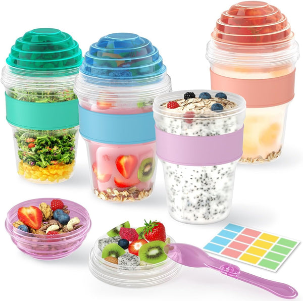 4 Pack Yogurt Parfait Cups with Lids Reusable, 20 oz Plastic Overnight
