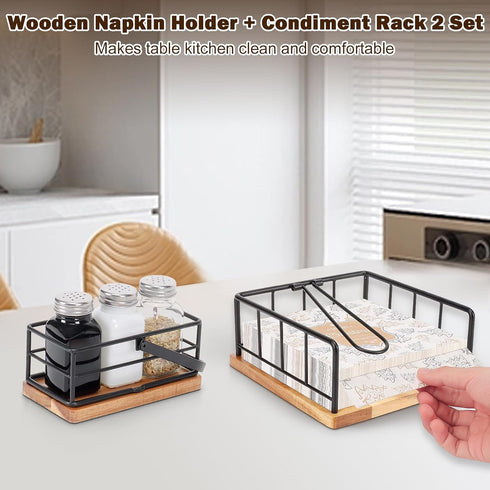 Flat Napkin Holder, Metal Kitchen Napkin Holder with Weighted Tension Arm and Seasoning Storage for Dining Room