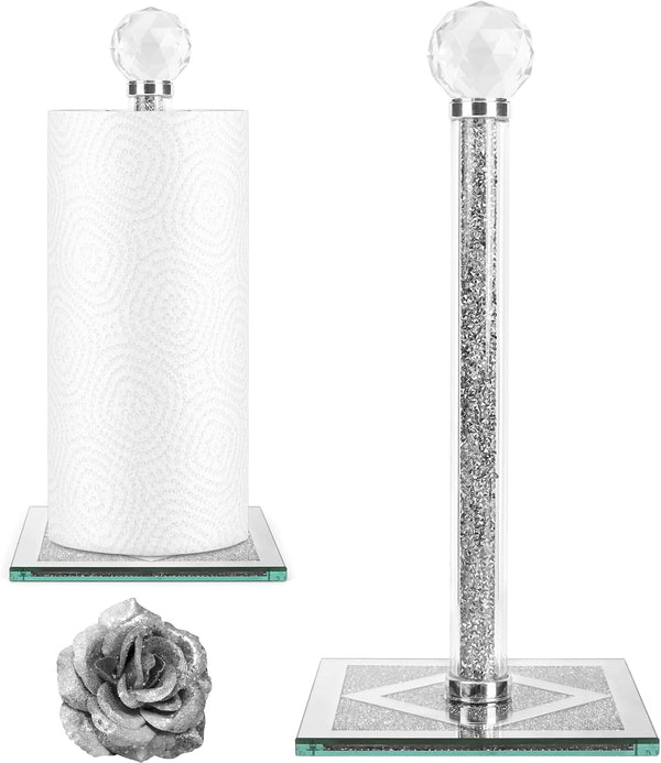 Ulable Bling Silver Paper Towel Holder Stand with Square Base, Toilet Roll Filled