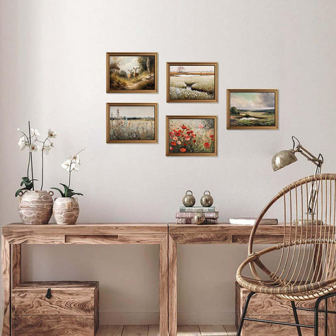 Framed Vintage Wall Art, Classical French Landscape Painting, Wildflowers Field Canvas Print for Kitchen and Living Room