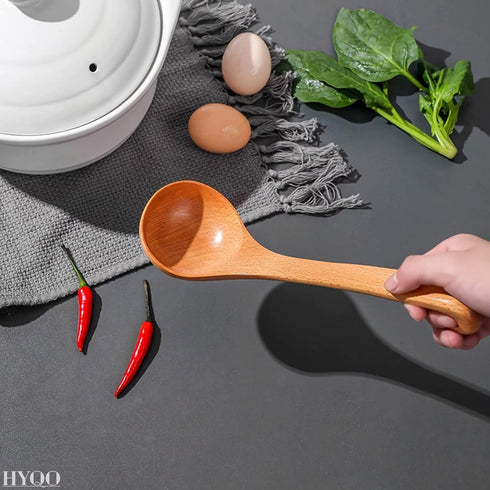 Wooden Ladle for Soup, 10.8x2.8" with Deep Scoop, Hanging Hook, Lacquer Coating