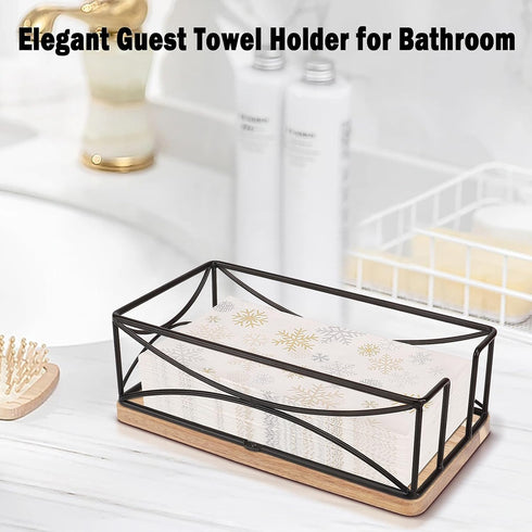 Guest Napkin Holder, Modern Metal Bathroom Paper Towel Caddy for Countertop & Kitchen (Black, Wooden Base)