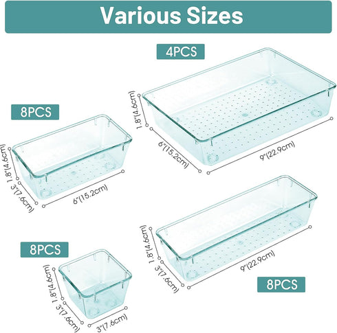 WOWBOX 28 PCS Clear Plastic Drawer Organizer Set, 4 Sizes for Makeup, Jewelry, Gadgets, Office Storage