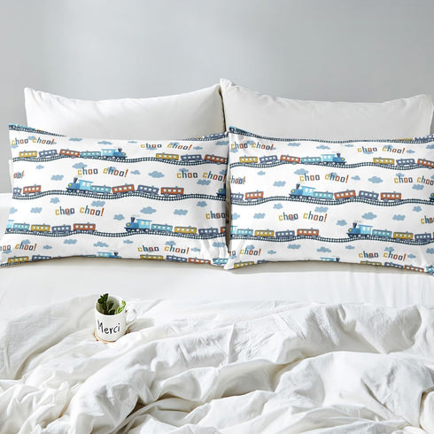 Set 2Pcs Sheet,1 Colorful Train Bedding Twin Size Cartoon Car Fitted Sheet Blue Train Tracks Cloud Bed Sheet for Kids