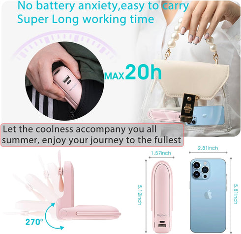 Pink Handheld Fan, Portable Fan Bullet Shape 3000mAh USB Rechargeable Battery Operate 6 IN 1 Personal Fan Foldable Lightweight Travel Essential with Power Bank/Lanyard 3 Speed by Digibond
