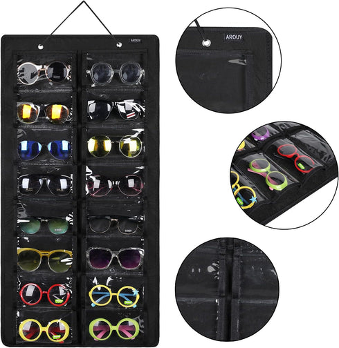 AROUY Sunglasses Organizer with 16 Felt Slots, Dust Proof Wall Pocket Glasses Holder, Black, Sturdy Rope and Metal Hook