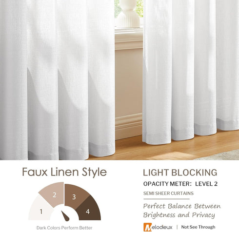 Melodieux White Semi Sheer Curtains, 63 Inch Length for Bedroom Living Room, 2 Panels, Light Filtering Drapes