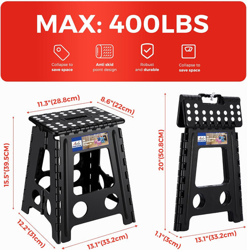 16 Inch 400 lbs Black,1 ACKO Folding Step Stool Foldable Capacity, Plastic Stools for Adults and Kids, Collapsible