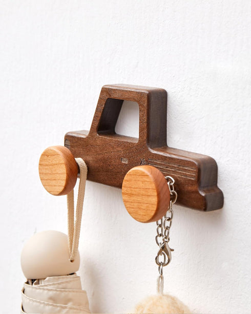 Vinoil 4 Pack Hats,Backpacks,Towels,Keys&Clothes Kids Coat Hooks Wall Mount, Walnut Car-Shaped Coat Rack Heavy Duty