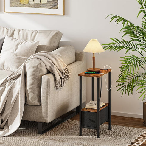 1 1 VIMBER Narrow Side Table for Small Spaces, Skinny End Table with Charging Station, Sofa Beside Table with Drawer