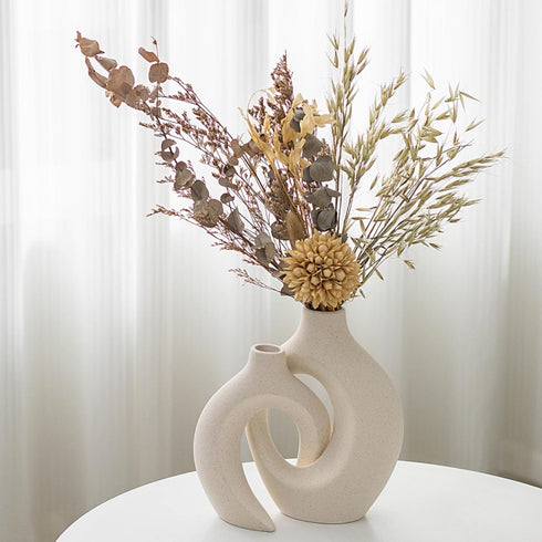 Set 2 6.3" 8.4") Snuggle Hollow Ceramic Vase of for Coffee Table Decor, Donut Decorative Vases for Boho Modern Table