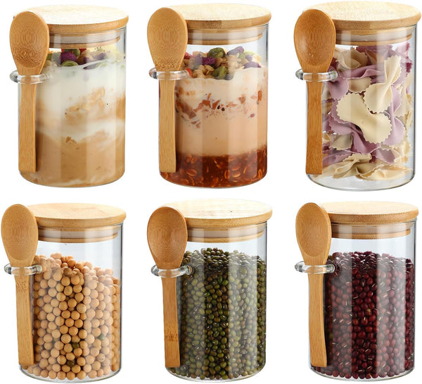 Recceng 6 Pack Glass Jars with Bamboo Lids and Spoons for Loose Leaf