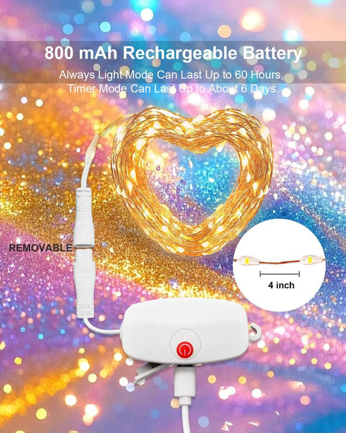 3pcs 9.8ft 30 8 Mini Fairy Lights Rechargeable, LED String Light Battery Operated, Modes with Timer, Removable Battery