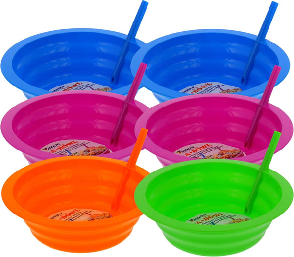 Arrow Home Products Sip-A-Bowl Set, 22oz, 6pk - BPA Free Straw Bowls for Kids, Made in the USA, Blue, Pink, Green,