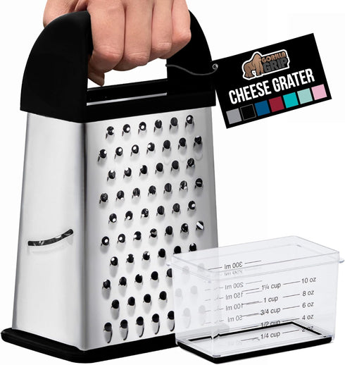 GORILLA GRIP XL 4-Sided Cheese Grater with Container, BPA-Free Stainless Steel Box Grater, Black