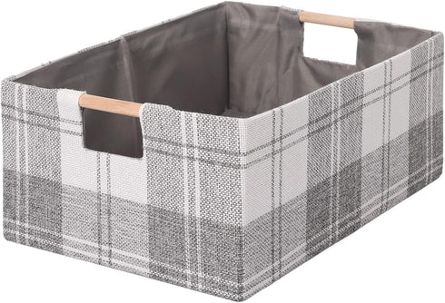 Fabric Storage Bin Box, Collapsible Cotton Linen Storage Cube with Wooden Handles, Light Gray Plaid, Medium