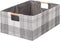 Fabric Storage Bin Box, Collapsible Cotton Linen Storage Cube with Wooden Handles, Light Gray Plaid, Medium