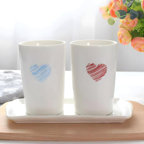 Kelake White Ceramic Tumbler Cup for Bathroom, Toothpaste Toothbrush Holder, 350 ml Blue Heart Couples Cup