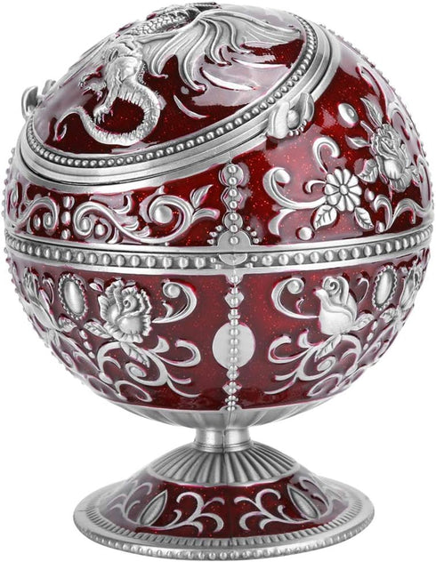 Vintage Windproof Ashtray with Lid, Metal Ball Cigarette Tabletop Ashtray in Wine Red Globe Fly Dragon Shape