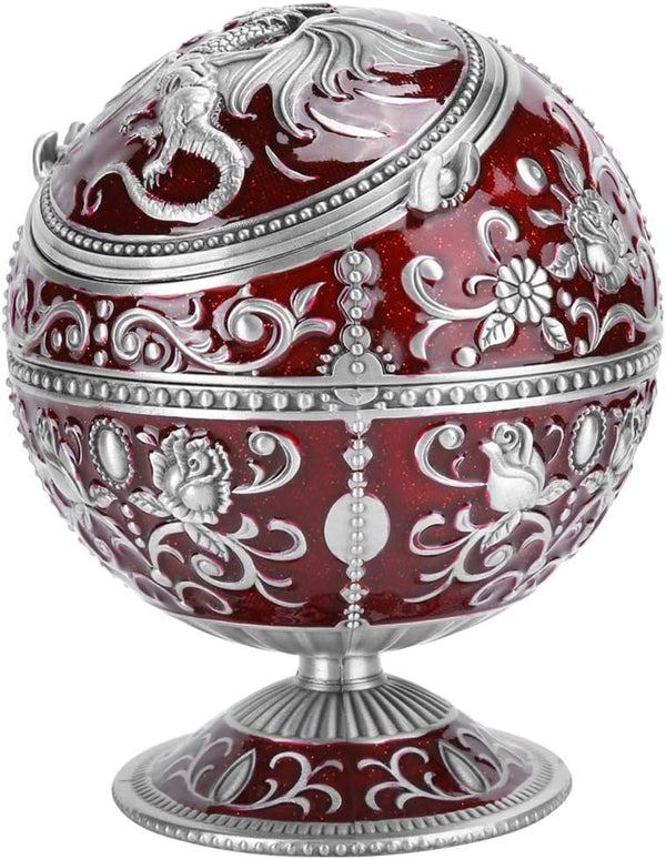 Vintage Windproof Ashtray with Lid, Metal Ball Cigarette Tabletop Ashtray in Wine Red Globe Fly Dragon Shape
