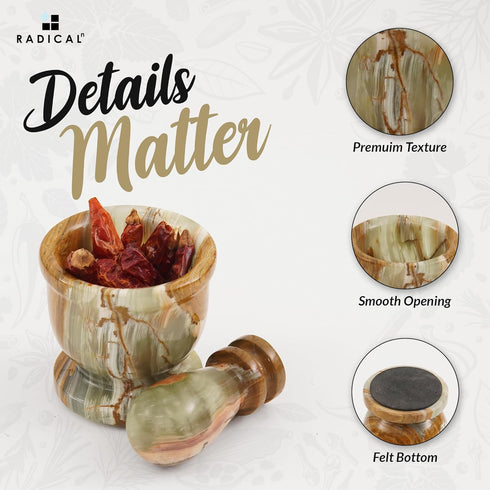 Radicaln Mortar and Pestle Set, Green Onyx Palm Size 2.5" Portable Handmade Marble Spice Crusher