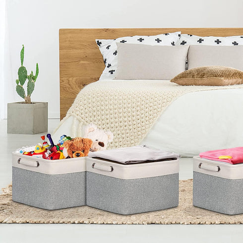 Kntiwiwo Large Linen Closet Organizer Bins, Set of 3, Decorative Storage Baskets for Home, 15" x 10" x 9.5", Grey