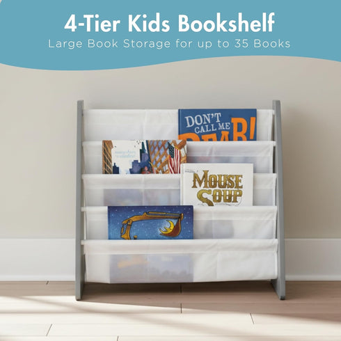 4-Tier Humble Crew Kids Bookshelf, Grey Wood/White - Premium Book Shelf for Kids Rooms with Four Deep Pockets - Toddler