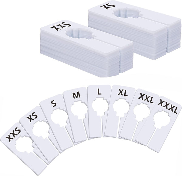 40 Pack Rectangular White Plastic Clothing Size Closet Rack Dividers, Preprinted in 8 Sizes XXS to XXXL