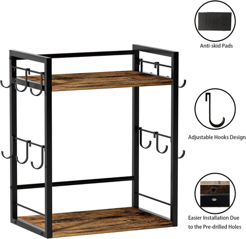 Dorhors 2 12 Countertop Tier Coffee Bar Accessories and Organizer,Multi-functional Mug Holder with Hooks,Wood Coffee
