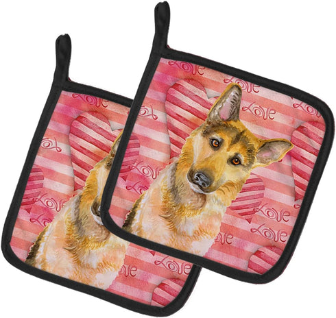 Caroline's Treasures BB9798PTHD German Shepherd #2 Love Pair of Pot Holders, Red Kitchen Heat Resistant