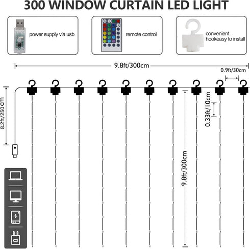 300 16 4 HOME LIGHTING Window Curtain String Lights, LED RGB Colors Changing Fairy Lights, Modes with Remote, USB