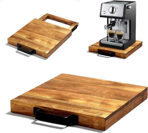 Natural Acacia Sliding Tray for Coffee Machine, Kitchen Appliance Slider Moving Caddy, Air Fryer Rolling Tray