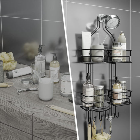 SRIWATANA Hanging Shower Caddy Over Head, Bathroom Shower Organizer Rack Holder with Hooks for Razors, Black