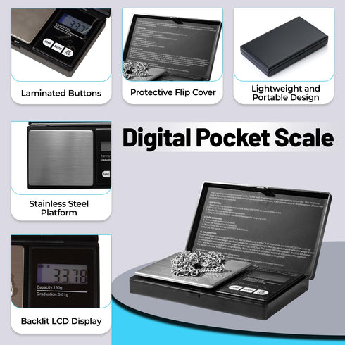 Digital Pocket Scale, 0.01gX150g, Electronic Smart Weigh Scale, Portable Mini Scale with LCD Display, Tare, Black.