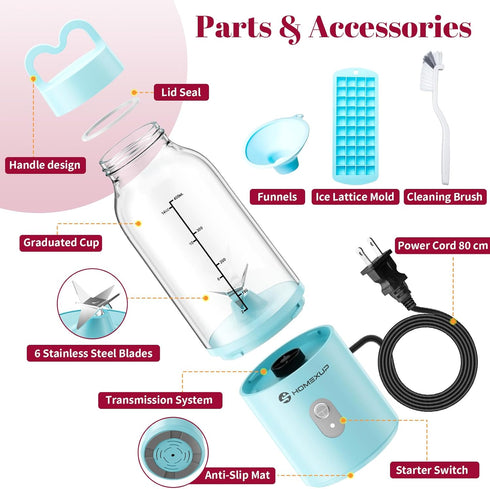 Portable Personal Blender 17OZ/500ML, 175W Juicer for Smoothies, Ice Blending, Juicing, Food Processing, Compact,