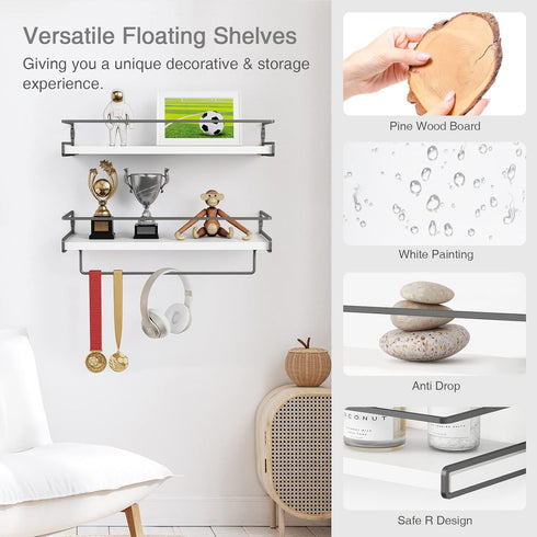 Set 2) Forbena White Floating Shelves for Bathroom Organizer Over Toilet, Bathroom Shelves Wall Mounted with Towel