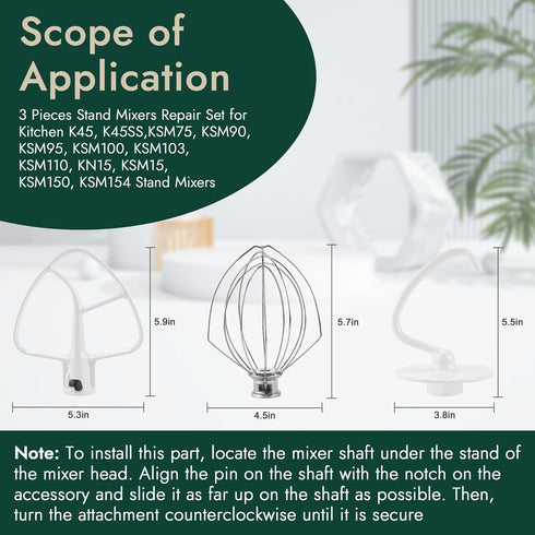 3 Pieces Stand Mixers Repair Set for Kitchen Tilt-Head Mixers, K45DH Dough Hook, K45B Coated Flat Blade, K45WW Wire Whip