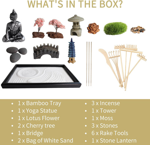 Zen Garden for Desk, Mini Japanese Desktop Sand Office Miniature Zen Garden Box with Lid Kit