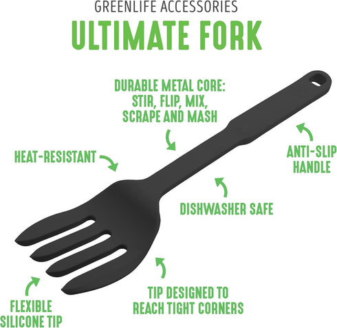 GreenLife Cooking Tools and Utensils, 10-in-1 Silicone Fork, Heat and Stain Resistant, Dishwasher Safe, Grey